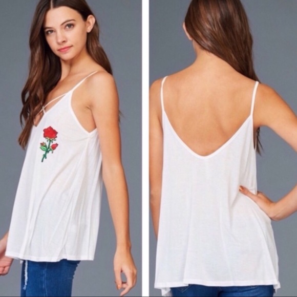 Tops - Strappy Rose Embroidered Tank Tops - Strappy Rose Embroidered Tank